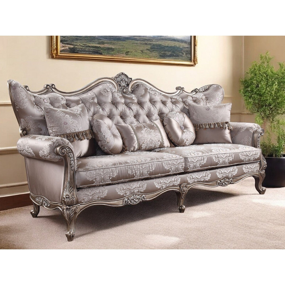 HMS 94 2-Seater Genuine Leather Sofa Toss Pillows Dark Gray Imitation Silk Damask Champagne Legs Extendable for Apartment Use