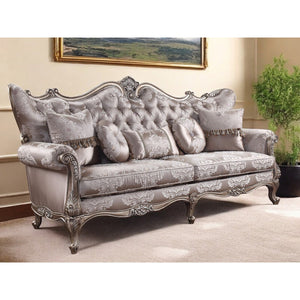 HMS 94 2-Seater Genuine Leather Sofa Toss Pillows Dark Gray Imitation Silk Damask Champagne Legs Extendable for Apartment Use