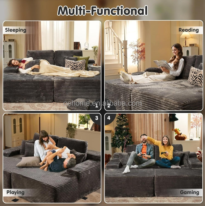 Oversized Vacuum Compressed Boneless Sofa Modern Modular Corduroy Double Chaise Sleeper Sofa Couch