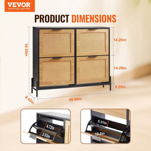 Narrow Entryway Storage Cabinet 4 Flip Drawers Rattan Shoe Organizer Light Wood Color Metal Legs Slim Shoe Rack for Closet