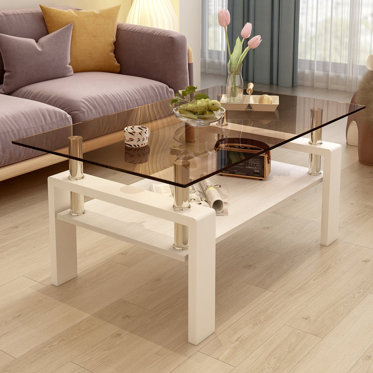 Two Layer Rectangular Modern Coffee Table with Storage Coffee Table for Living Room