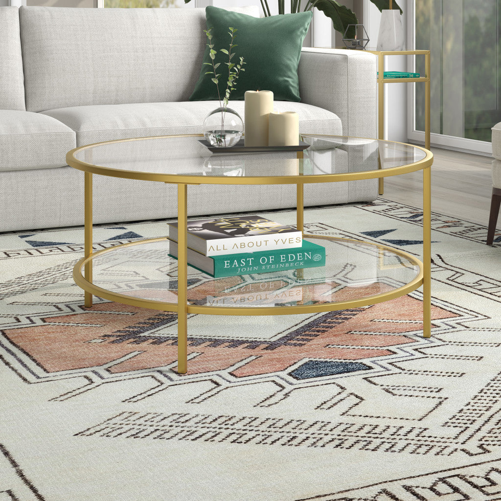 HMS 36\" Round Coffee Table with Gold Glass Top Steel Frame Tempered Sintered Stone Shelf for Living Room Entry Luxury Furniture