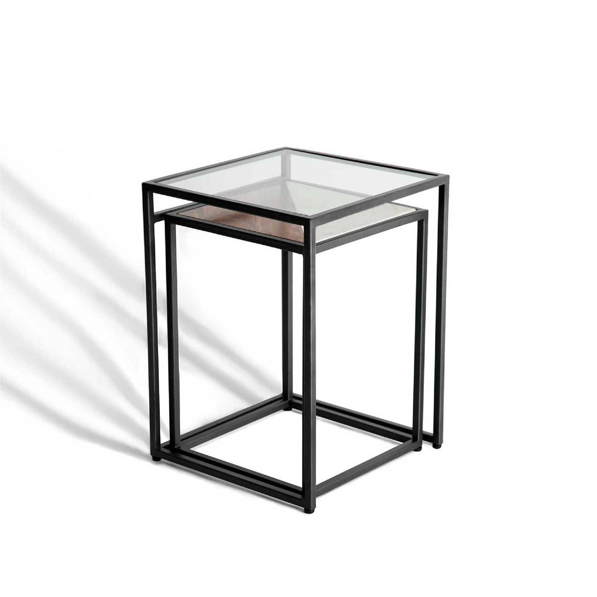 Set of Two Clear and Black Glass Nested Tables with Square Metal Frame HMS Coffee Tables