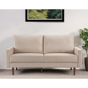 HMS 69 Beige Boucle Velvet Chesterfield Sofa with Dark Brown Legs One Seat Extendable for Living Room Sponge Filled