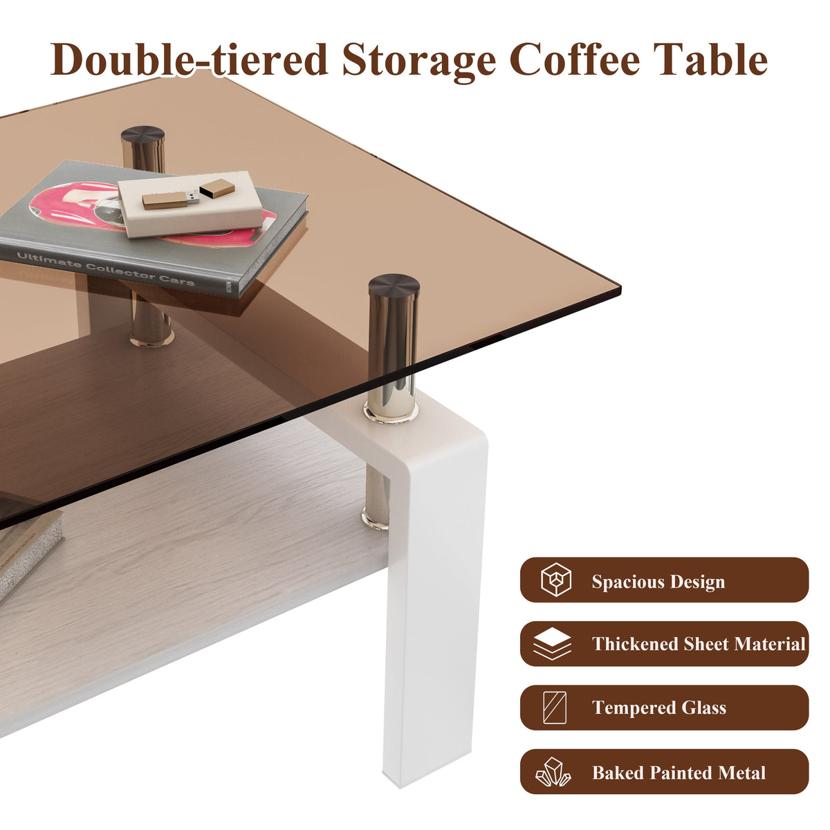 Two Layer Rectangular Modern Coffee Table with Storage Coffee Table for Living Room