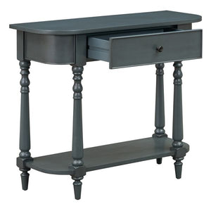 Navy Retro Entryway Console Table with Open Shelf and Top Drawer Narrow Curved Corner Sofa Table for Living Room and Hallway