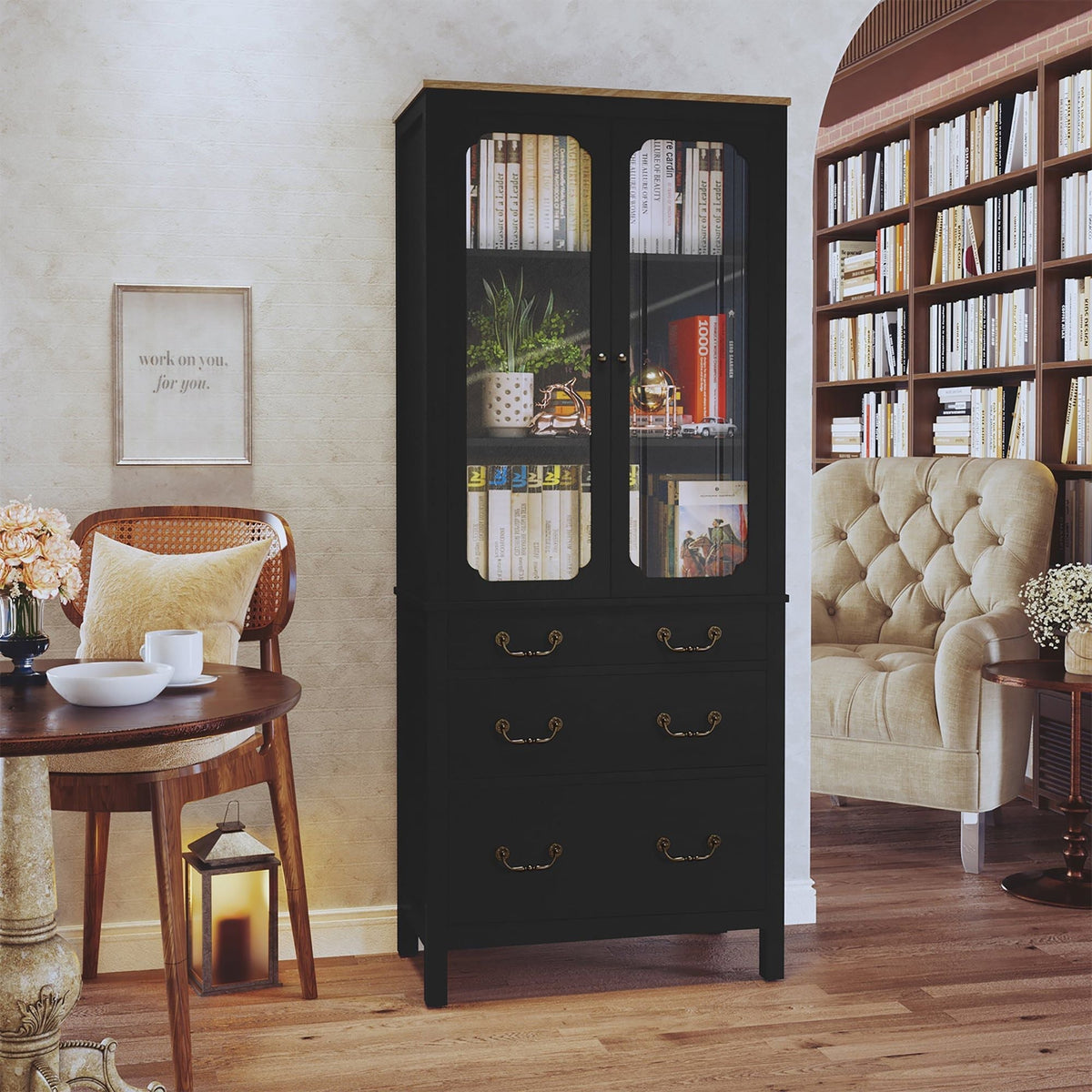 Free Standing Tall Storage Utility Cupboard Kitchen Pantry Cabinet Tempered Glass Doors Adjustable Shelves for Living Room