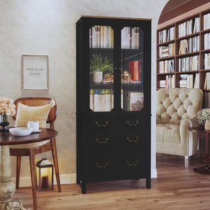 Free Standing Tall Storage Utility Cupboard Kitchen Pantry Cabinet Tempered Glass Doors Adjustable Shelves for Living Room