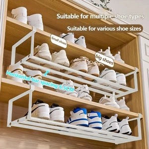 Adjustable Expandable Iron Shoe Rack Space-Saving Stackable Hanging Storage with Bottom Basket for Home Wardrobe Bathroom Sink