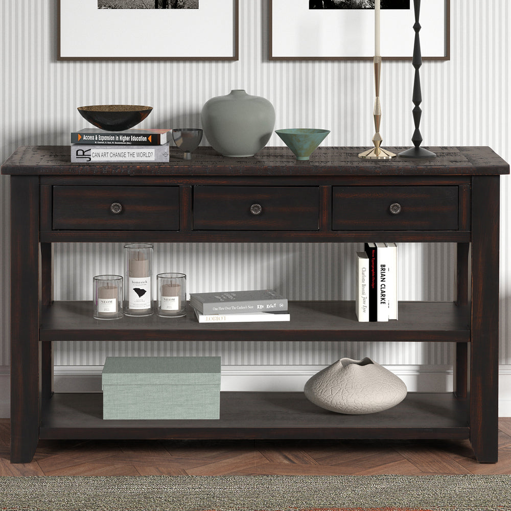 48'' Solid Pine Wood Top Console Table, Modern Entryway Sofa Side Table with 3 Storage Drawers and 2 Shelves