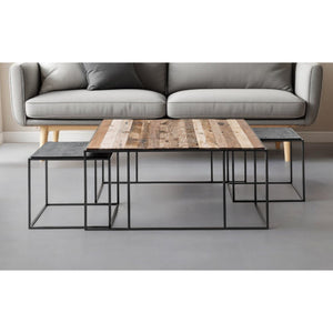 Set of Three 39\" Brown and Black Solid Wood and Iron Square Nested Coffee Tables HMS Product