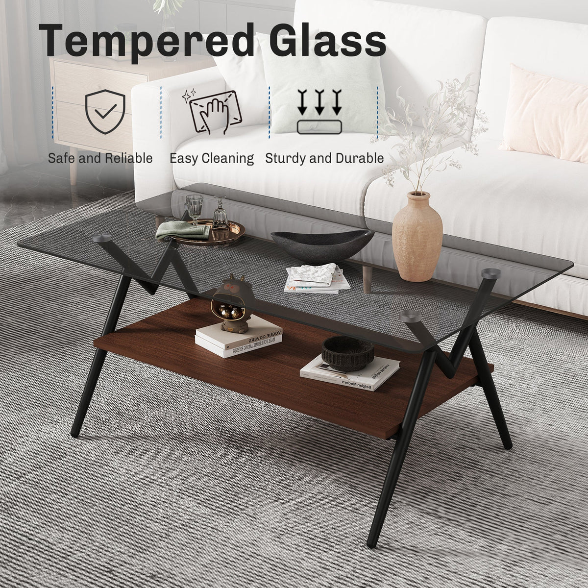 Trending New Two Layer Coffee Table Tempered Glass Top and Metal Legs Modern Table Console Table for Living Room Furniture
