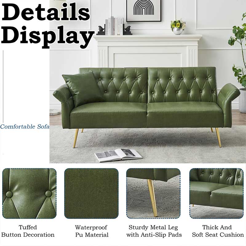 Free Shipping USA Warehouse Modern 67.71 Inch Faux Leather Sofa Bed with Adjustable Armrests Living Room Dining Bedroom Made PVC
