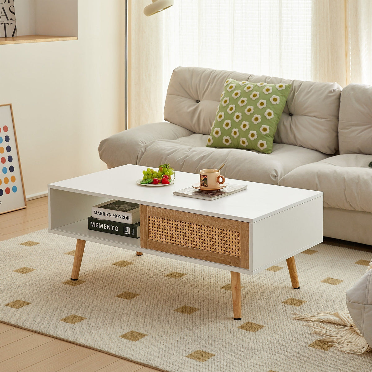 41.34" Rattan Coffee Table Sliding Door for Storage Solid Wood Legs Modern Table for Living Room Natural