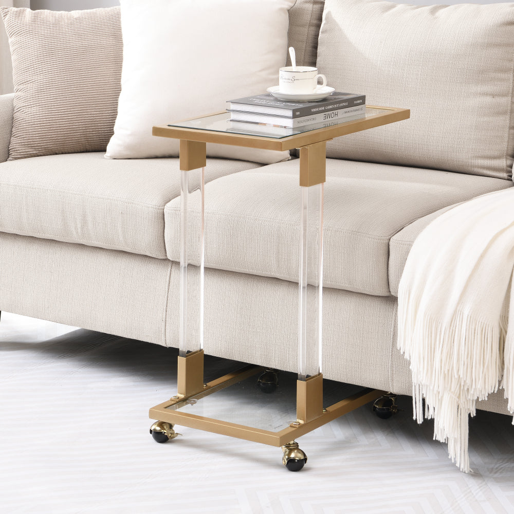 Golden Side Table, Acrylic Sofa Table, Glass Top C Shape Square Table with Metal Base for Living Room