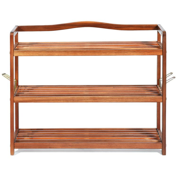 Acacia Wood 3-Tier/5-Tier Shoe Rack with Side Metal Hooks