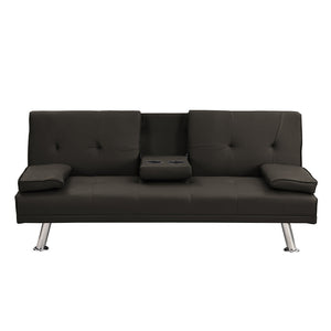 Sofa Bed with Armrest Two Holders WOOD FRAME, STAINLESS LEG, FUTON BROWN PVC,DARK BROWN