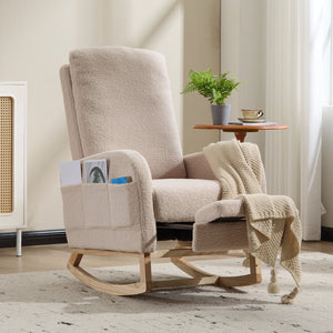 Modern Accent High Backrest Rocking Chair Solid Wood Legs Beige Teddy Upholstered Nursery Glider Rocker Comfy Living Room