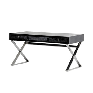 HMS 57 Black and Silver Coffee Table with Cross Legs Wood and Stainless Steel Featuring Three Drawers