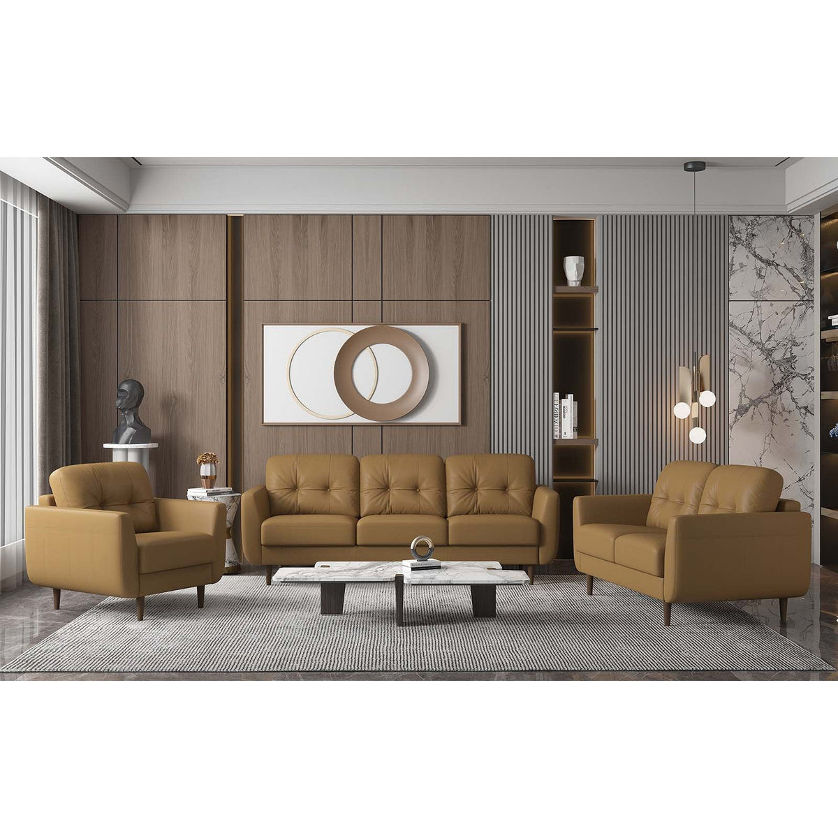 HMS 59 High-End 2-Seater Camel and Brown Genuine Leather Chesterfield Loveseat Stylish Living Room Furniture