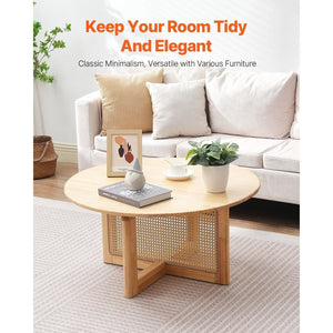 Single Tier Round Wood and Rattan Coffee Table for Living Room