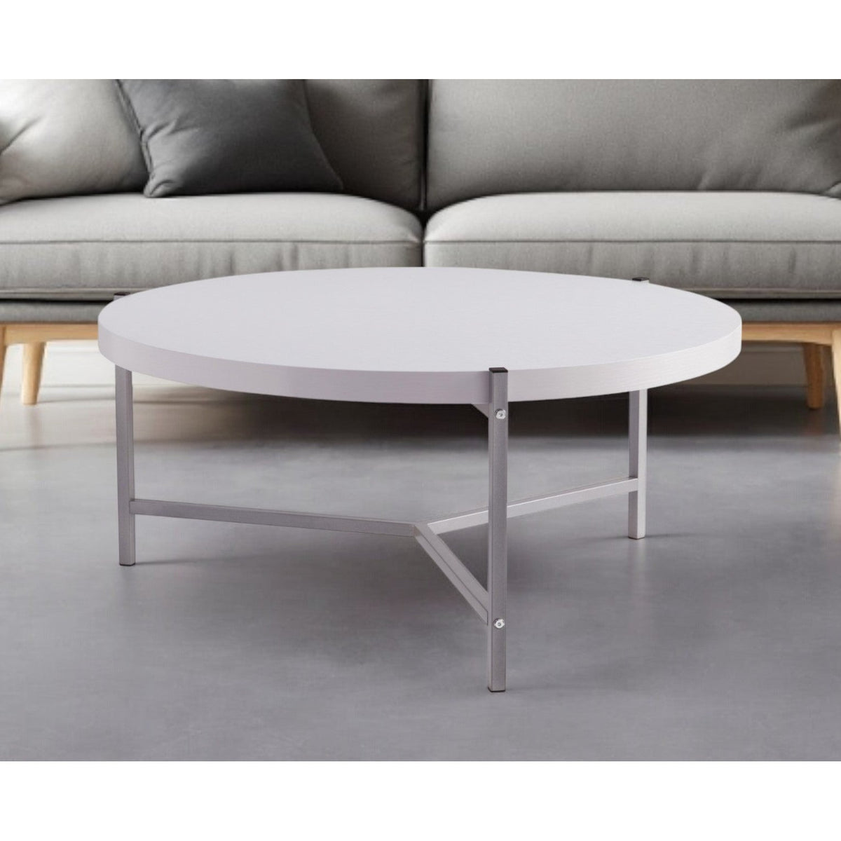 HMS 37\" White and Silver Round Coffee Table with Wood and Stainless Steel Finish