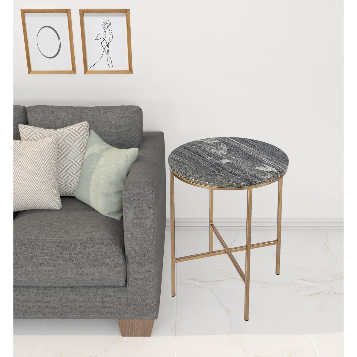 HMS 23\" Traditional Round End Table with Brass & Gray Marble Featuring Mango and Drawer for Living Room or Entry Use