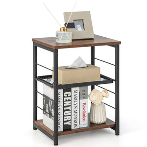 Adjustable 3-Tier Industrial Side Table with Mesh Shelf for Coffee Tables