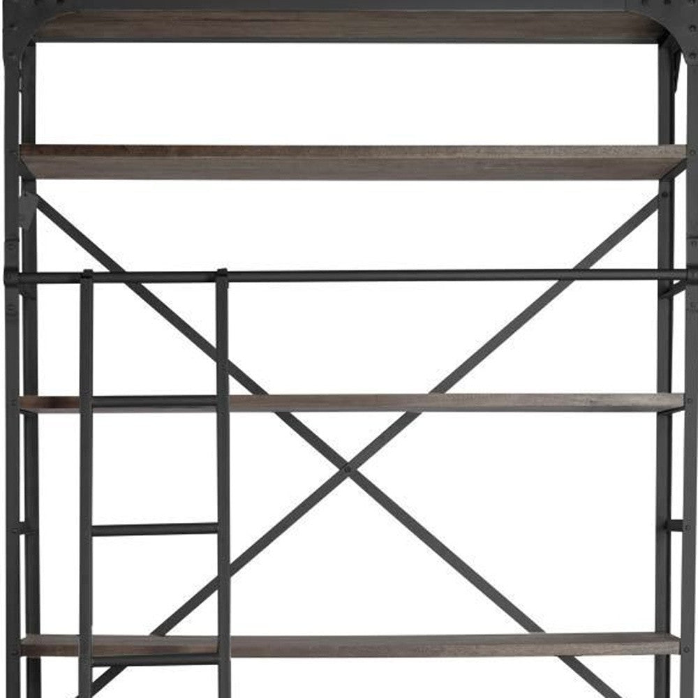 HMS 94 Four Tier Ladder Bookcase Brown Metal and MDF Wood for Home Office or Living Room Book Storage Furniture