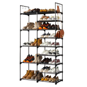 FCH Double Row 9 Layers Non-Woven Shoe Rack Iron Pipe + PP Pad + Plastic 85.7*29.8*158cm Black with Handles
