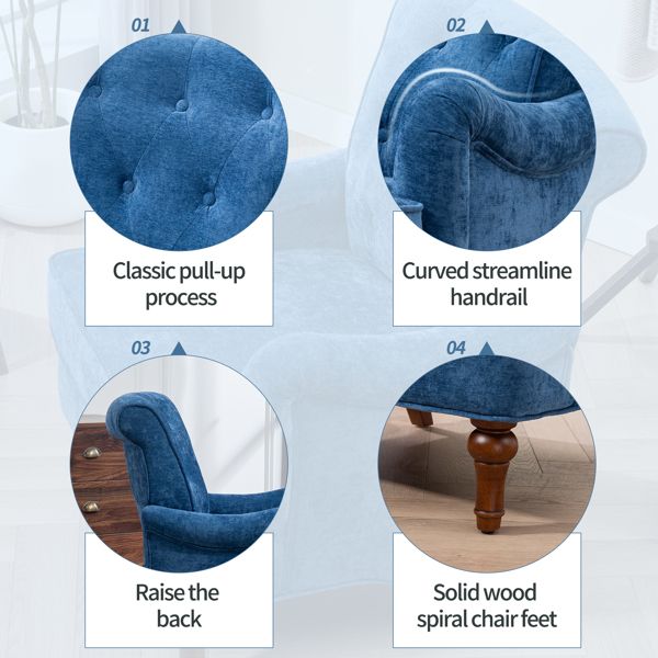 Accent Chair Comfy Chenille Club Fabric Retro Wooden Legs Upholstered Living Room Arm Chair 300lbs Capacity Blue Fabric Chair