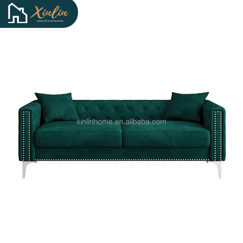 Modern 83-Inch Triple Mid-Century Upholstered Velvet Sofa Free Shipping for Living Room Dining Bedroom Fabric Metal Material