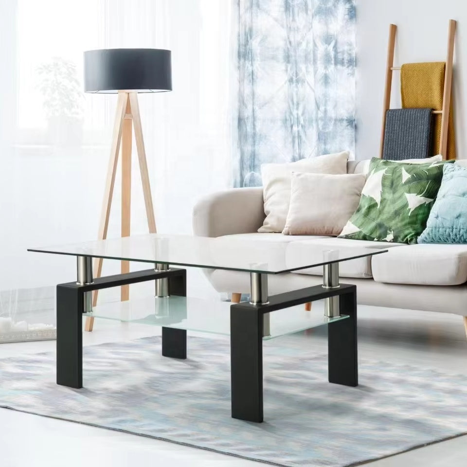 Natural Rattan Coffee  Mid-Century Center Table for Small Space Table with Sliding Doors & Open Storage Shelf