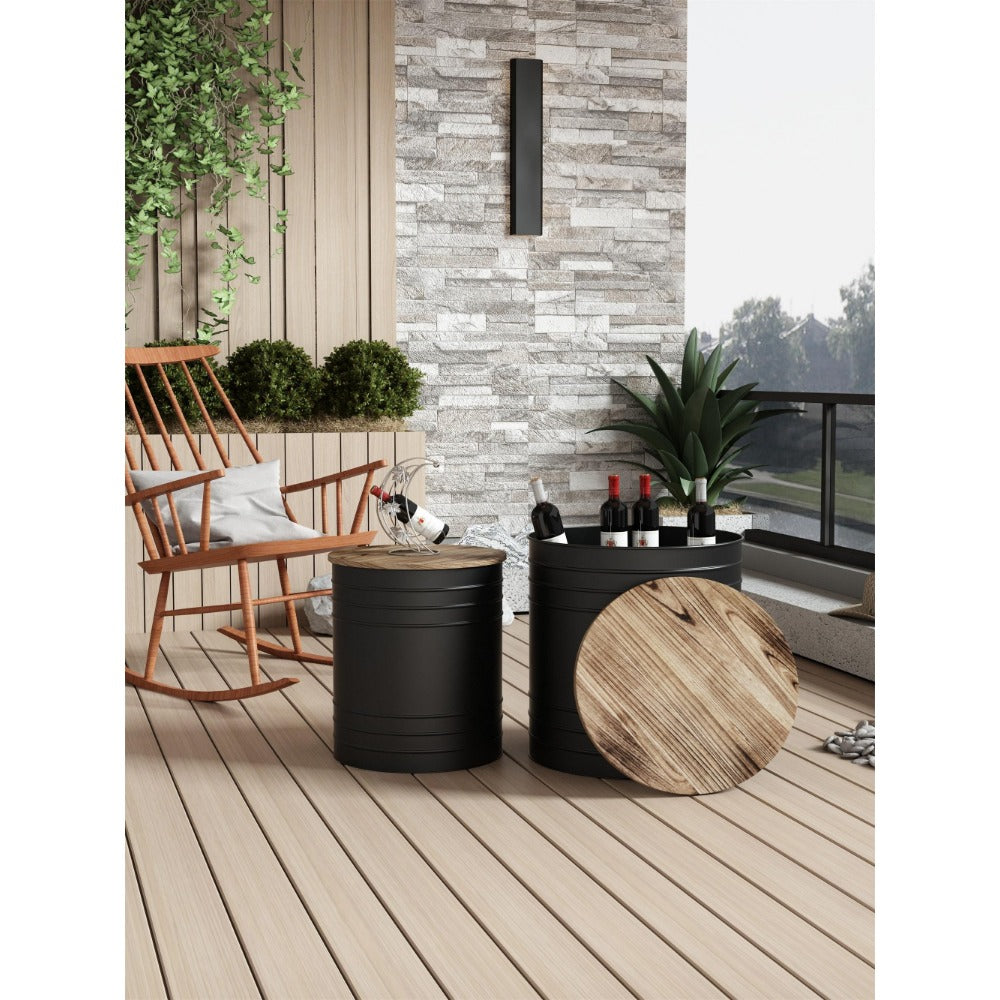 Farmhouse Rustic Distressed Metal Accent Cocktail Table with Wood Top-BLK Set of 2