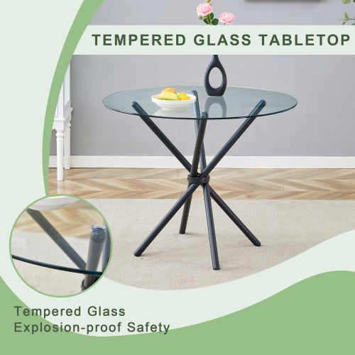 FCJ Circular Transparent Tempered Glass Coffee Table 36.6-Inch Diameter 0.3-Inch Thick with Ring-Shaped Black Metal Desktop