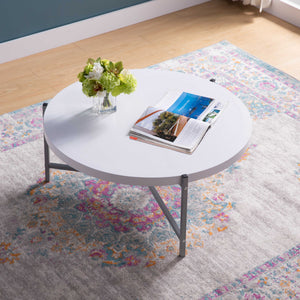 HMS 37\" White and Silver Round Coffee Table with Wood and Stainless Steel Finish