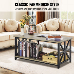 40\" Farmhouse Rectangular Coffee Table Open Storage Compartment Wooden Rustic Style Brown Black for Living Room Bedroom