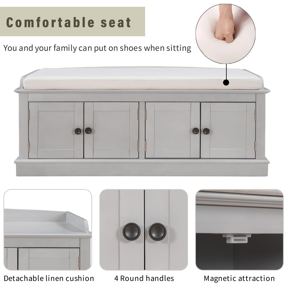 Storage Bench with 4 Doors and Adjustable Shelves, Shoe Bench with Removable Cushion for Living Room