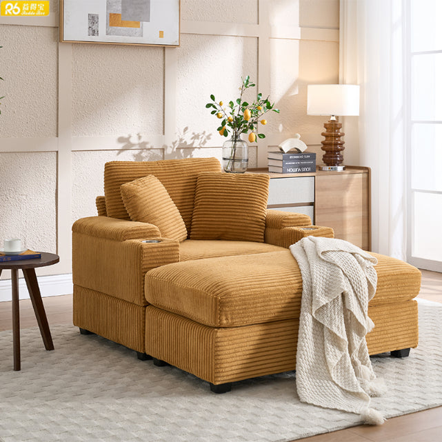 Luxury Design Single Striped Fabric Modular Storage Square Chaise Sofa with Ottoman Cup Holder for Living Apartment Use