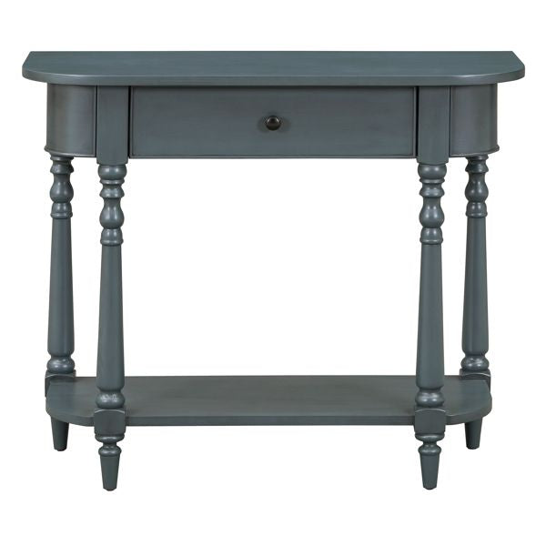 Navy Retro Entryway Console Table with Open Shelf and Top Drawer Narrow Curved Corner Sofa Table for Living Room and Hallway