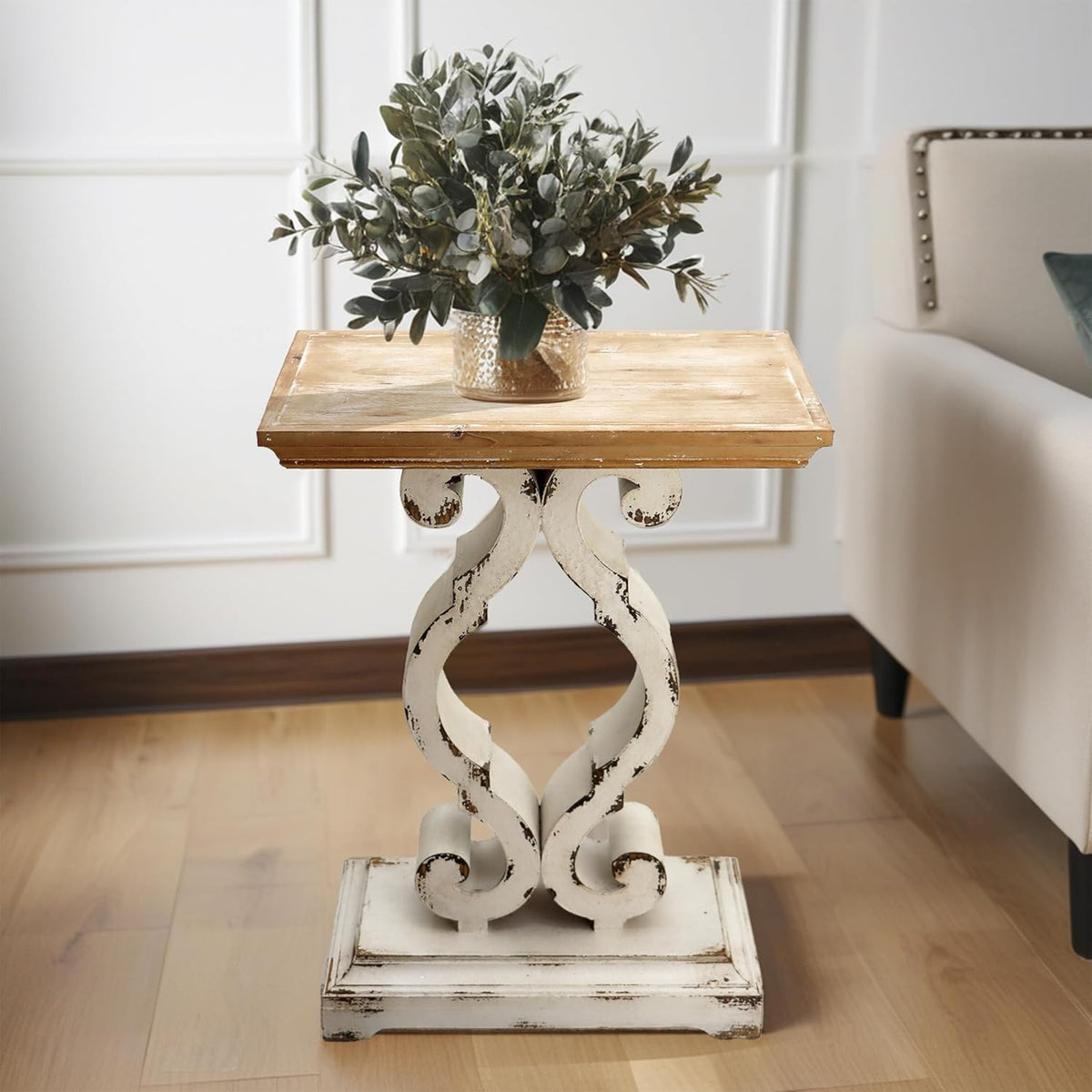 PARISLOFT French Rustic Wooden Side End Table with Shelf, for Living Room, Dining Room, Bedroom, Entryway