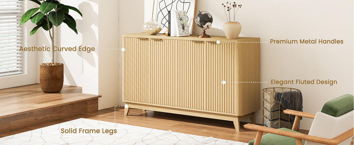 Natural Oak Fluted Sideboard Buffet Cabinet 4-Door Credenza Storage Cabinet Entryway Console Table Accent Coffee Bar