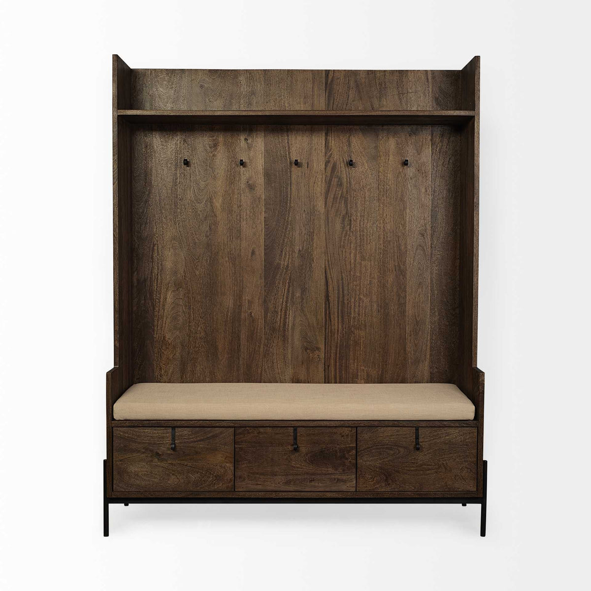 HMS Modern Cream Fabric Wrapped Seat Hall Tree Brown Wood Coat Rack with Storage for Home Living Room or Bedroom Furniture