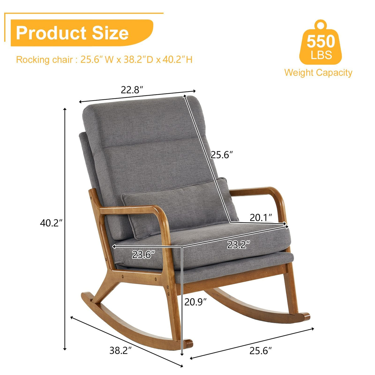 Dual-Use Indoor Rocking Chair/Armchair High Back Belt Waist Pillow Iron Frame Dark Gray Linen Log Color Solid Wood Living Room