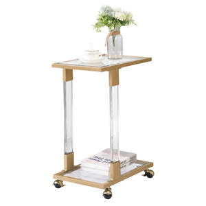 Golden Side Table, Acrylic Sofa Table, Glass Top C Shape Square Table with Metal Base for Living Room