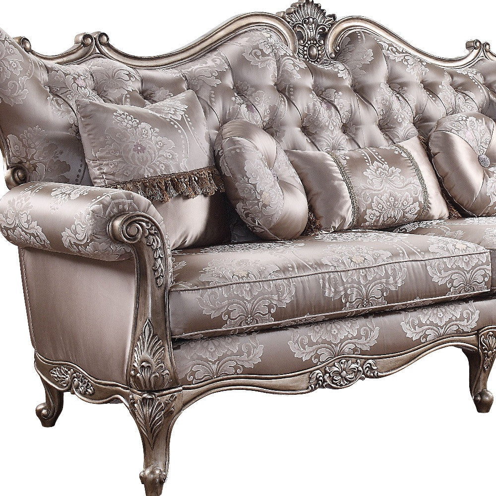 HMS 94 2-Seater Genuine Leather Sofa Toss Pillows Dark Gray Imitation Silk Damask Champagne Legs Extendable for Apartment Use