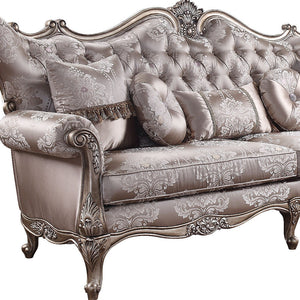 HMS 94 2-Seater Genuine Leather Sofa Toss Pillows Dark Gray Imitation Silk Damask Champagne Legs Extendable for Apartment Use