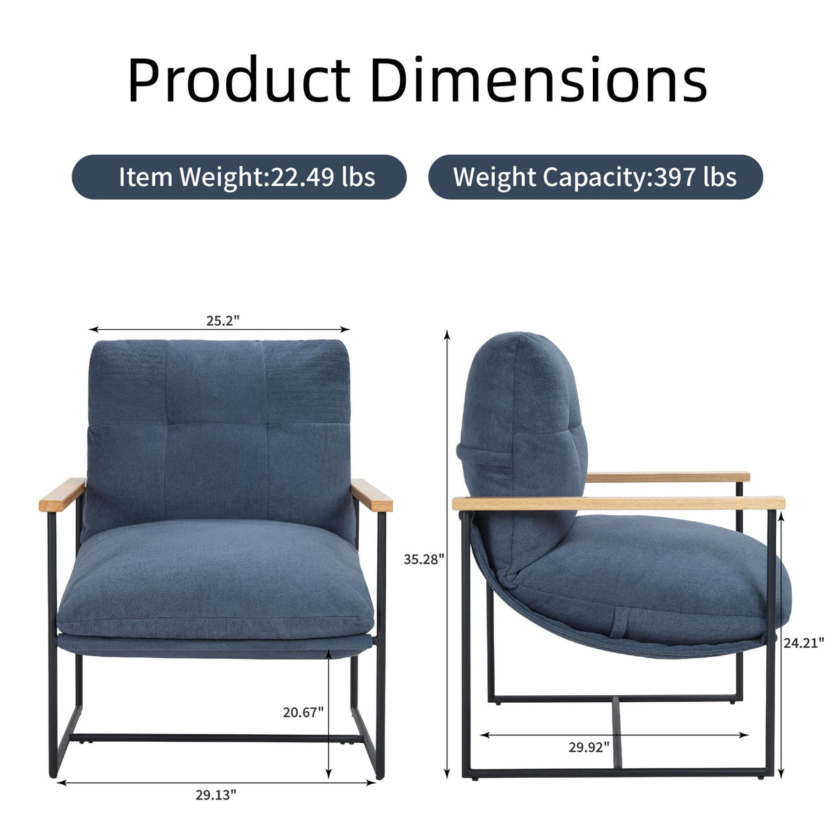 Modern Comfortable Accent Chair with Removable Cushion Blue Vanity Chair with Wood Armrests for Living Room Bedroom