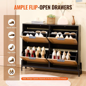 Narrow Entryway Storage Cabinet 4 Flip Drawers Rattan Shoe Organizer Light Wood Color Metal Legs Slim Shoe Rack for Closet