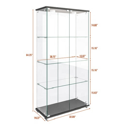 Modern Black Four Layers Two Door Glass Display Cabinet with Led Light and Wheels Living Room Furniture
